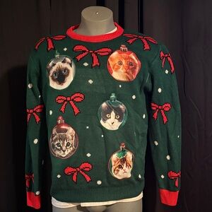 Festive Cat Print Crewneck Sweater - Green & Red